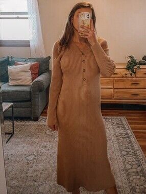 Roolee Tan Ribbed Knit Maxi Dress